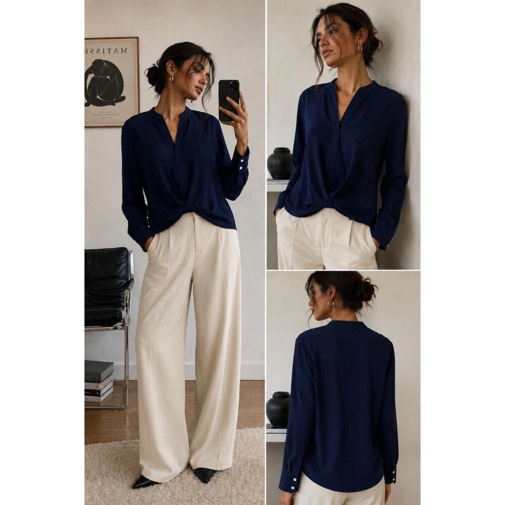 Amour Vert 100% Silk Crossover Faux Wrap Neck Blouse Navy Blue L Quiet Luxury